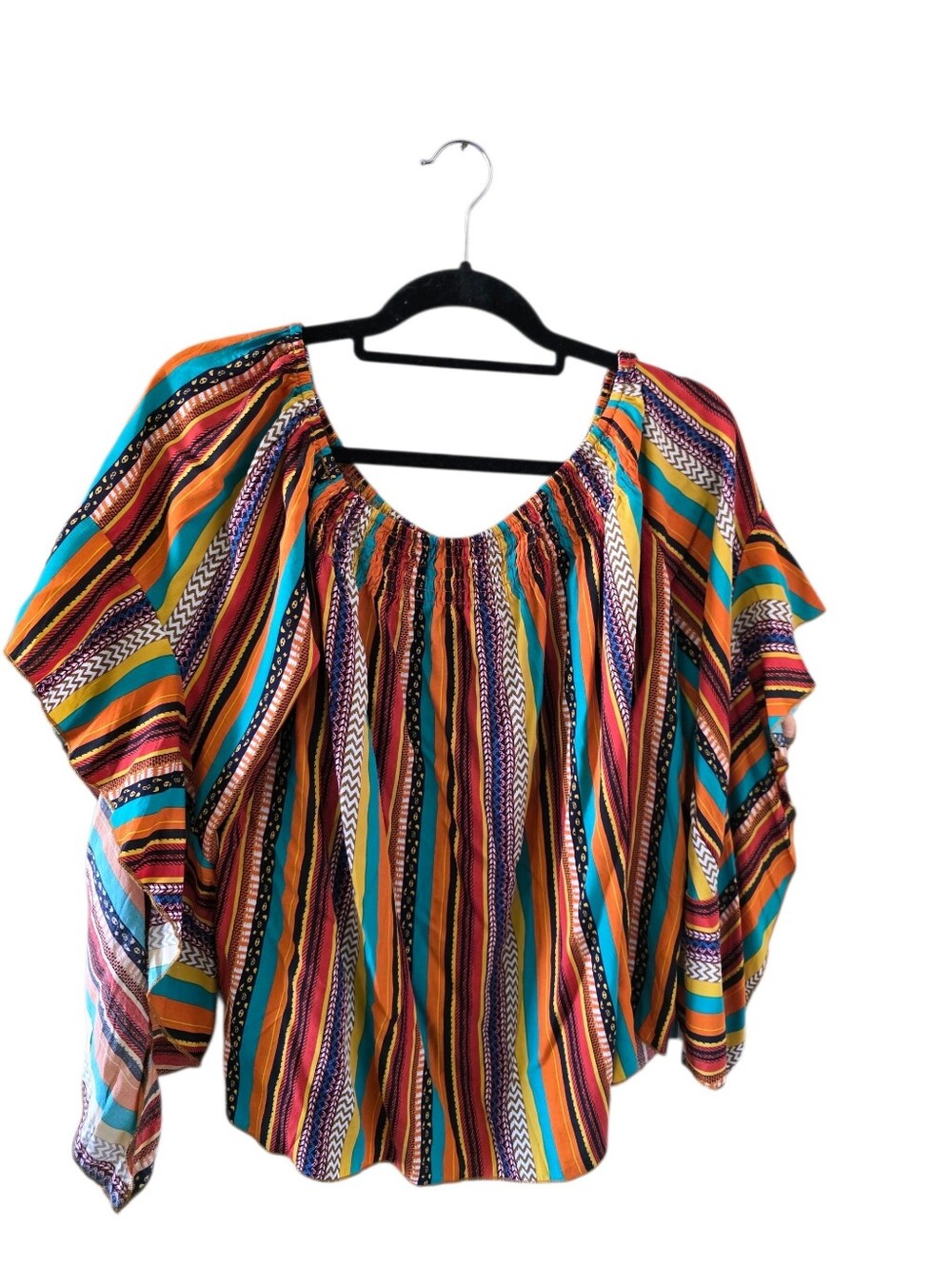 SHEIN Multicolor Striped Off-Shoulder Blouse with Turquoise and Orange Accents